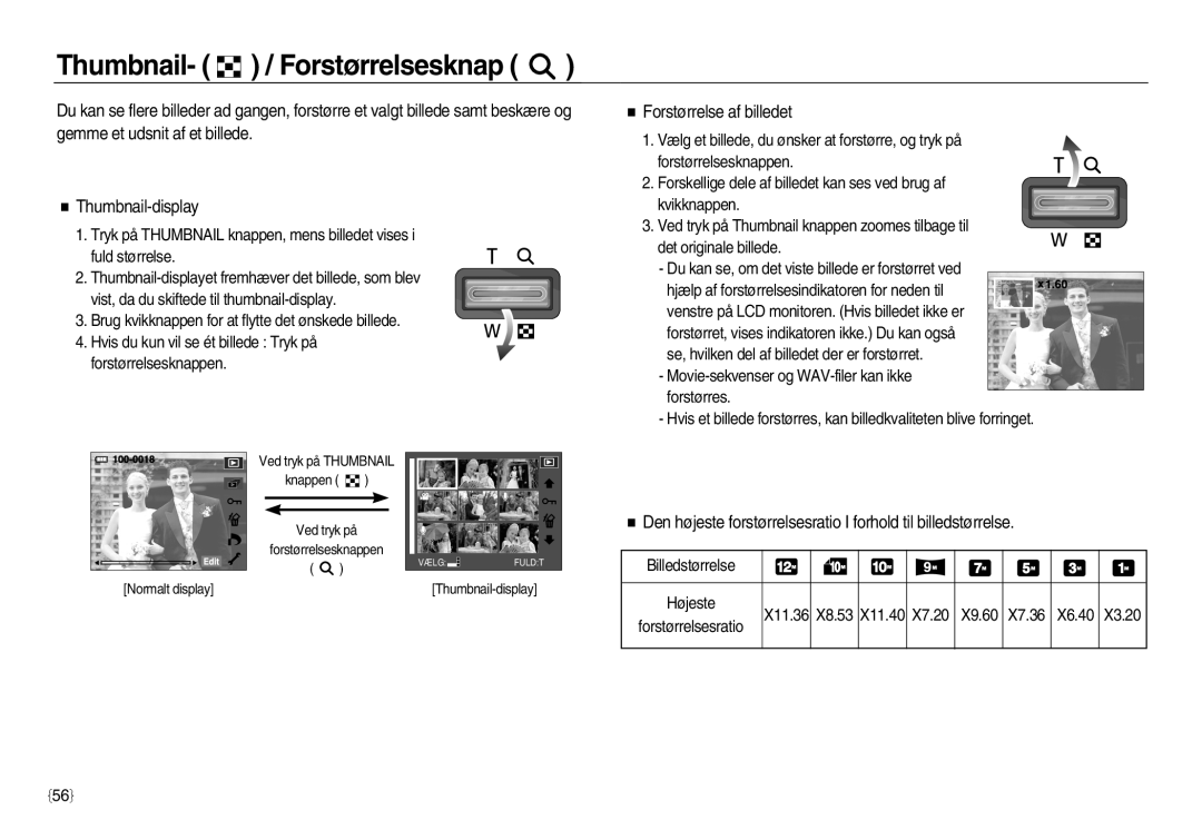 Samsung EC-NV20ZBBA/E3, EC-NV20ZBBA/E2, EC-NV20ZSBA/E2 manual Thumbnail- / Forstørrelsesknap, Forstørrelse af billedet 