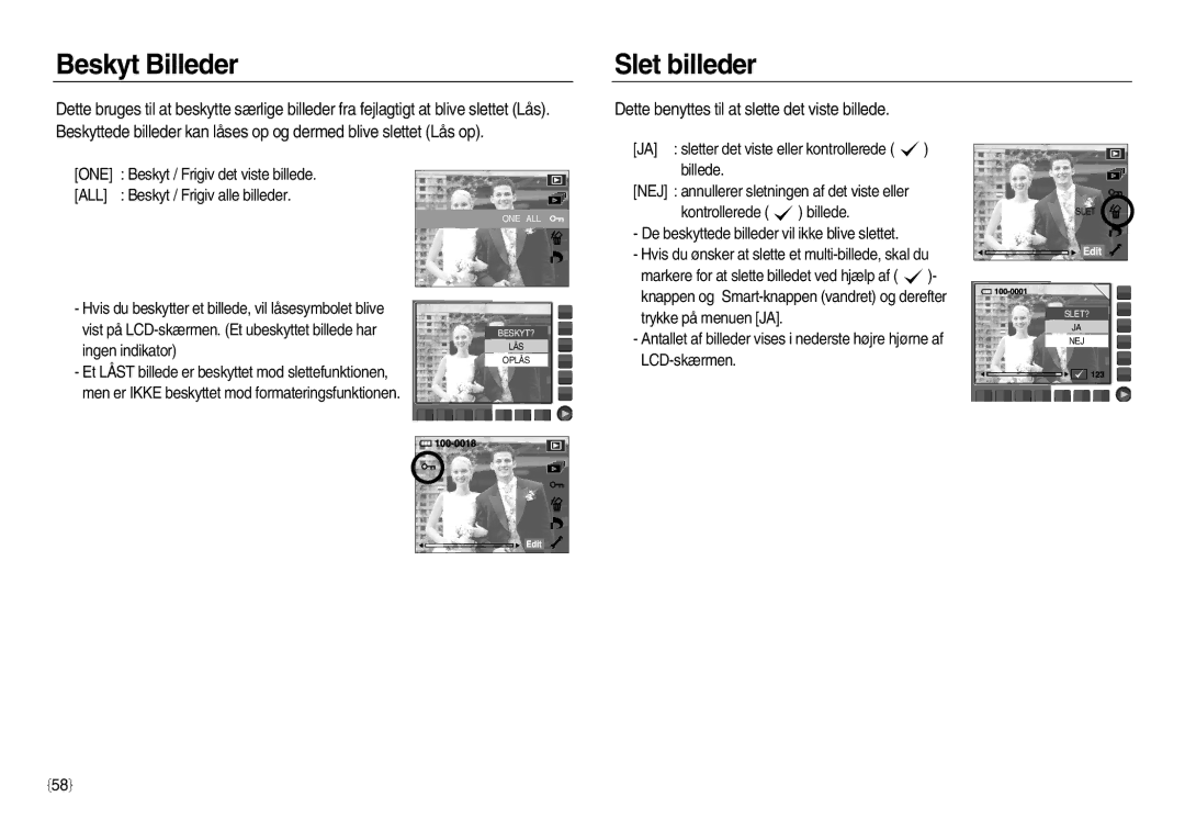 Samsung EC-NV20ZSBA/E2 manual Beskyt Billeder, Slet billeder, Dette benyttes til at slette det viste billede, One, All 