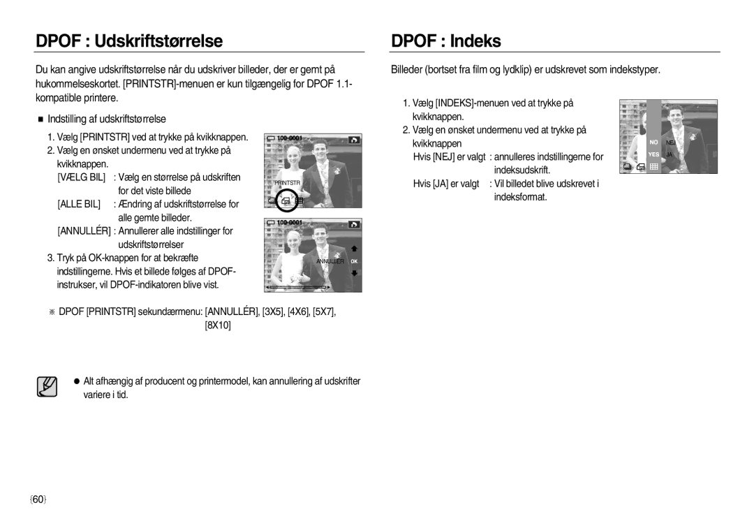 Samsung EC-NV20ZBBA/E2, EC-NV20ZBBA/E3 Dpof Udskriftstørrelse, Dpof Indeks, Indstilling af udskriftstørrelse, Vælg BIL 