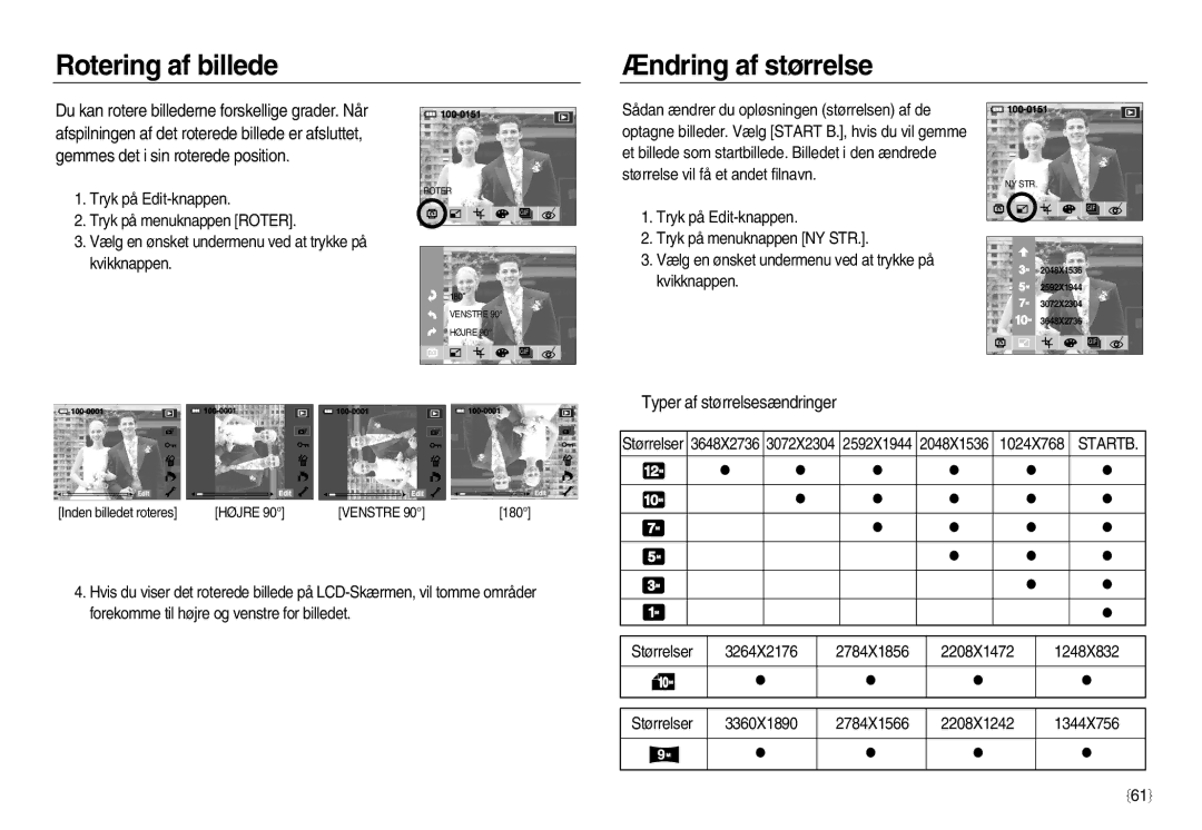 Samsung EC-NV20ZSBA/E2, EC-NV20ZBBA/E3 manual Rotering af billede Ændring af størrelse, Typer af størrelsesændringer, Startb 