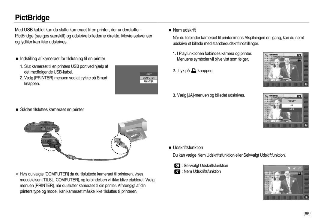 Samsung EC-NV20ZBBA/E3 manual PictBridge, Indstilling af kameraet for tilslutning til en printer, Udskriftsfunktion 