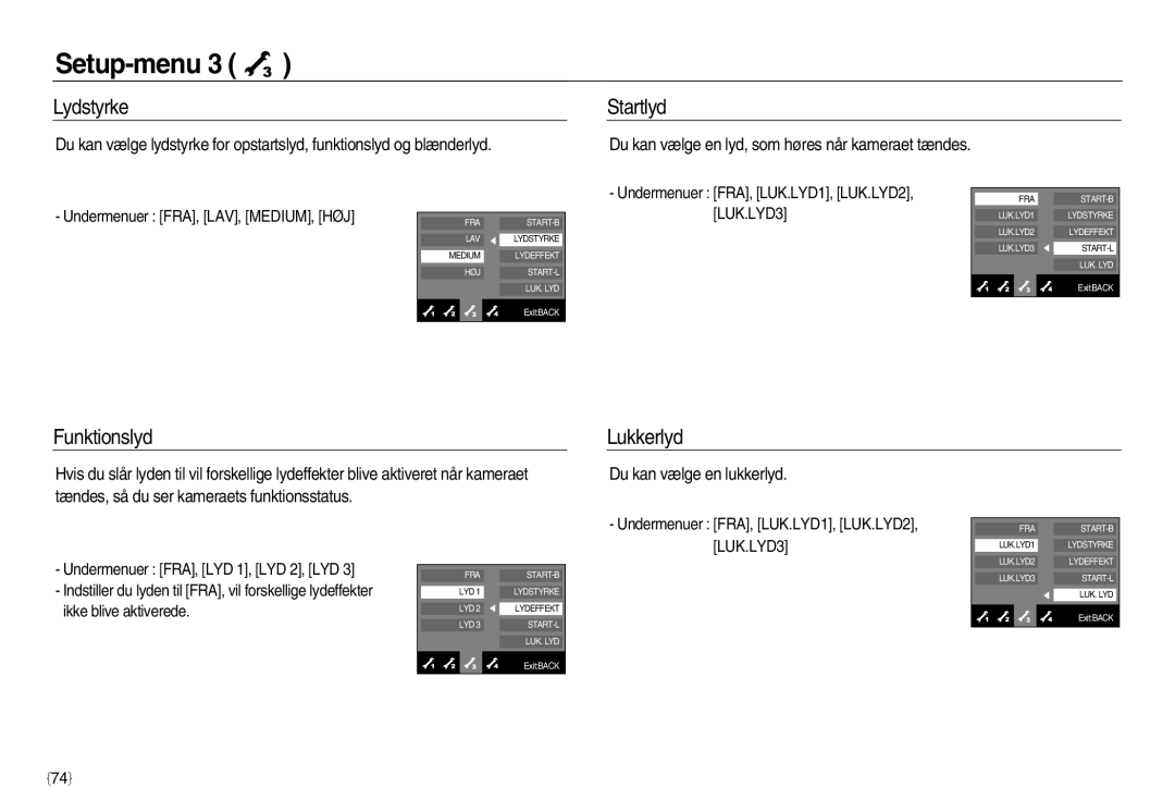 Samsung EC-NV20ZBBA/E3, EC-NV20ZBBA/E2, EC-NV20ZSBA/E2 manual Lydstyrke Startlyd, Funktionslyd Lukkerlyd 