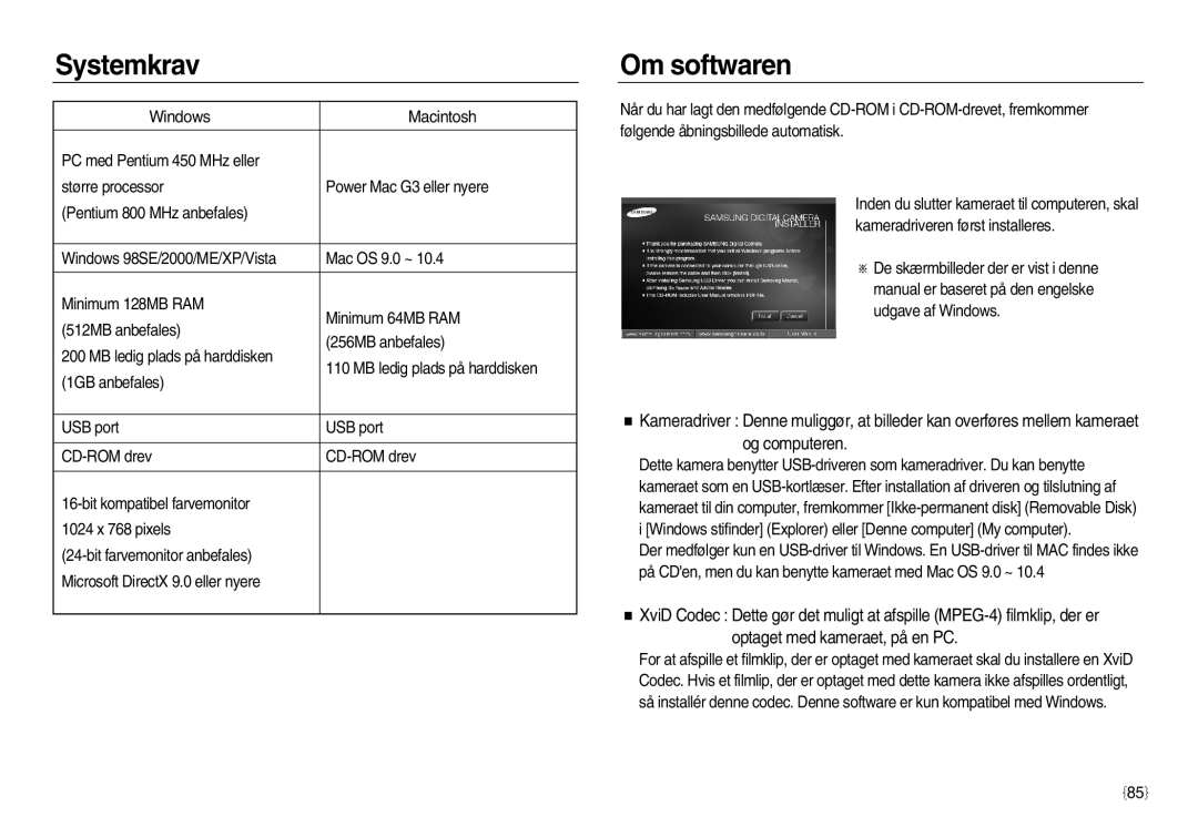 Samsung EC-NV20ZSBA/E2, EC-NV20ZBBA/E3, EC-NV20ZBBA/E2 manual Systemkrav, Om softwaren, Windows Macintosh 