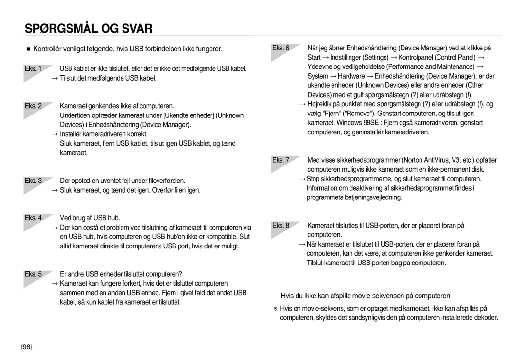 Samsung EC-NV20ZBBA/E3, EC-NV20ZBBA/E2 manual Spørgsmål OG Svar, Hvis du ikke kan afspille movie-sekvensen på computeren 