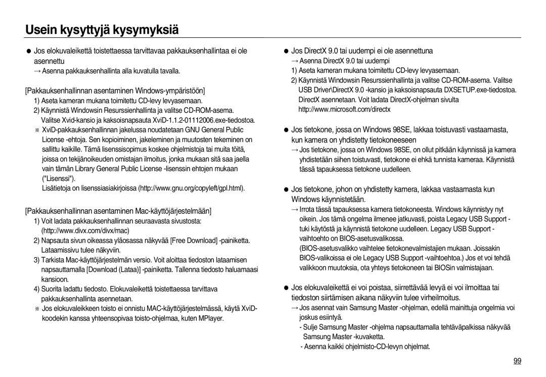 Samsung EC-NV20ZBBA/E2 Pakkauksenhallinnan asentaminen Windows-ympäristöön, Jos DirectX 9.0 tai uudempi ei ole asennettuna 