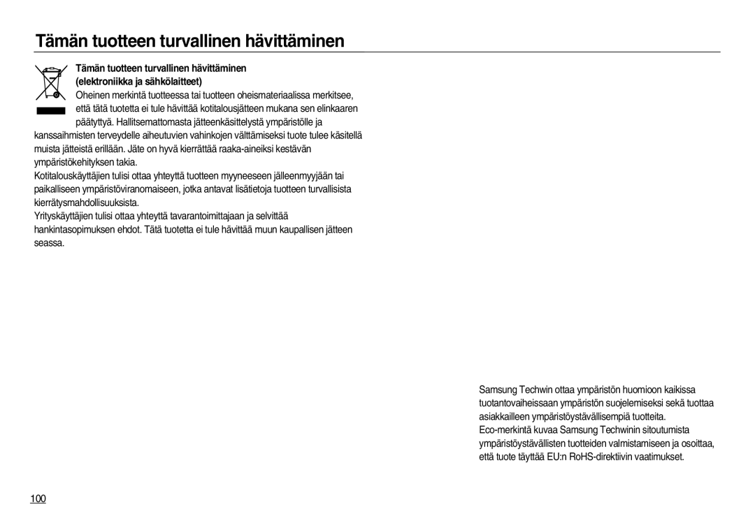 Samsung EC-NV20ZSBA/E2, EC-NV20ZBBA/E3, EC-NV20ZBBA/E2 manual Tämän tuotteen turvallinen hävittäminen, 100 