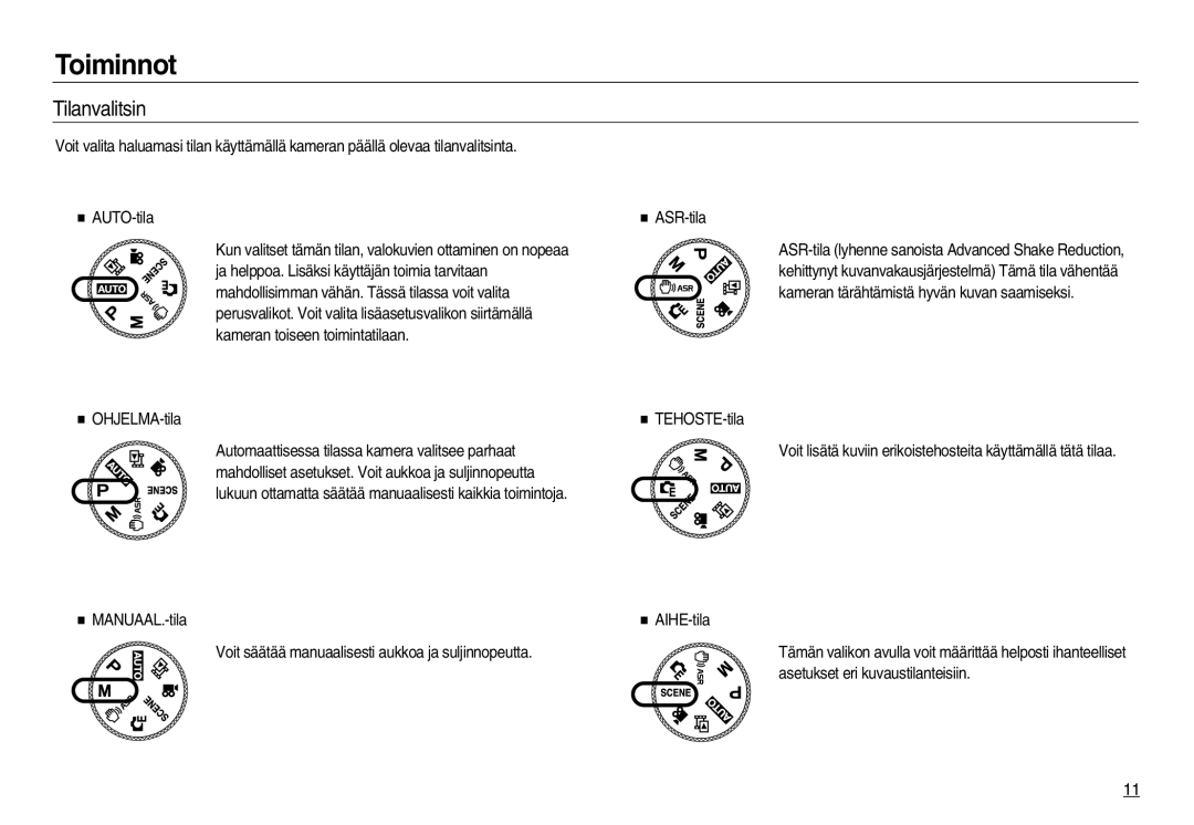 Samsung EC-NV20ZBBA/E3, EC-NV20ZBBA/E2, EC-NV20ZSBA/E2 manual Tilanvalitsin, Asetukset eri kuvaustilanteisiin 