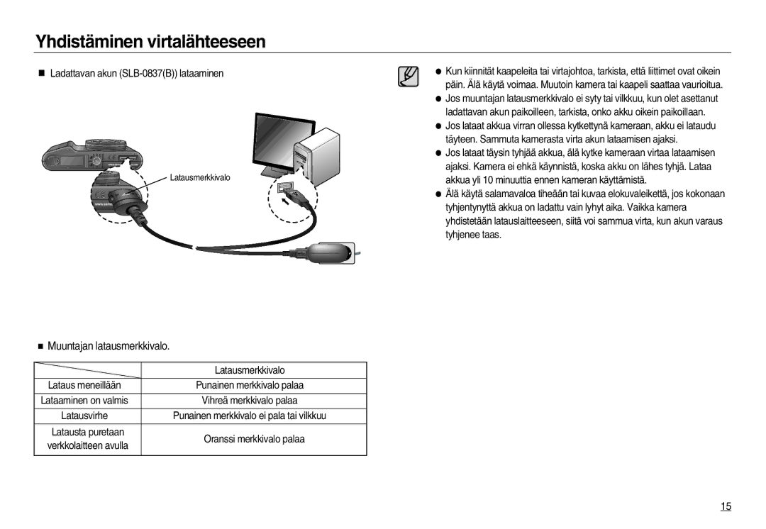 Samsung EC-NV20ZBBA/E2, EC-NV20ZBBA/E3 Muuntajan latausmerkkivalo, Ladattavan akun SLB-0837B lataaminen, Latausmerkkivalo 