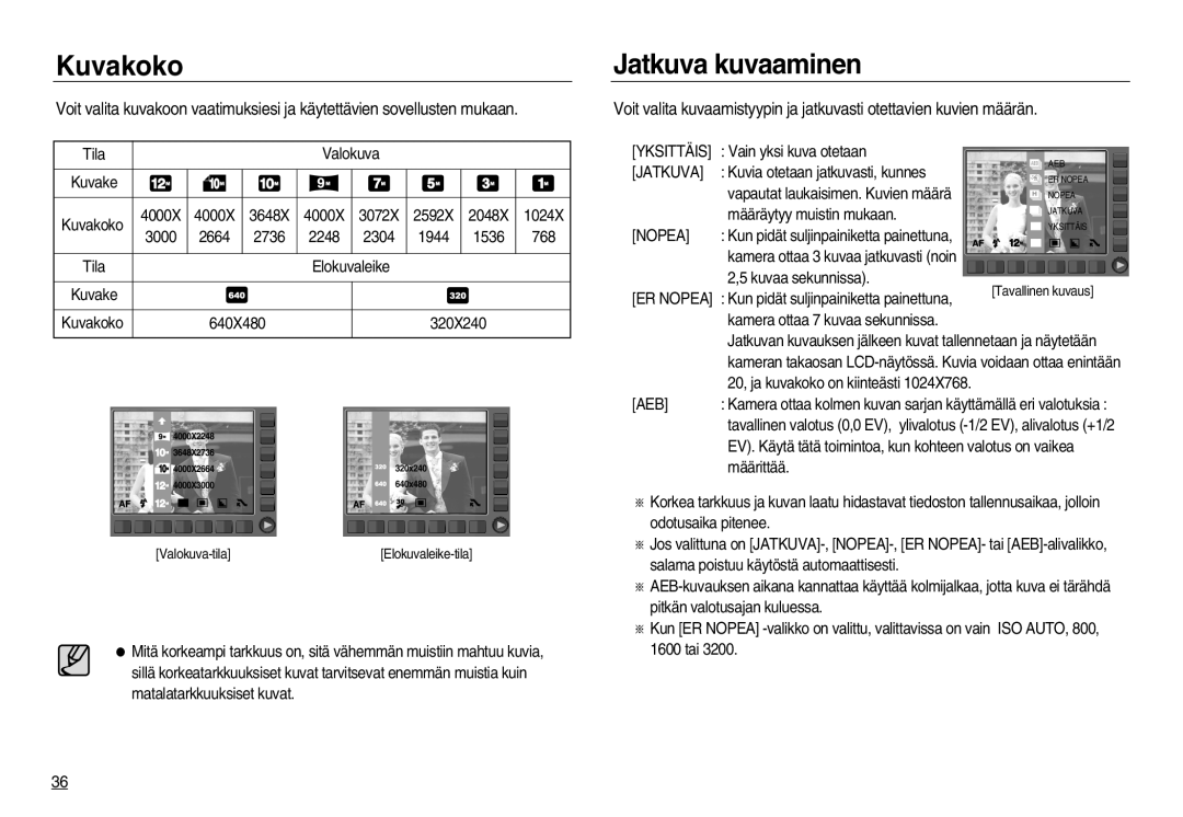 Samsung EC-NV20ZBBA/E2, EC-NV20ZBBA/E3, EC-NV20ZSBA/E2 manual Kuvakoko, Jatkuva kuvaaminen, Nopea, Aeb 