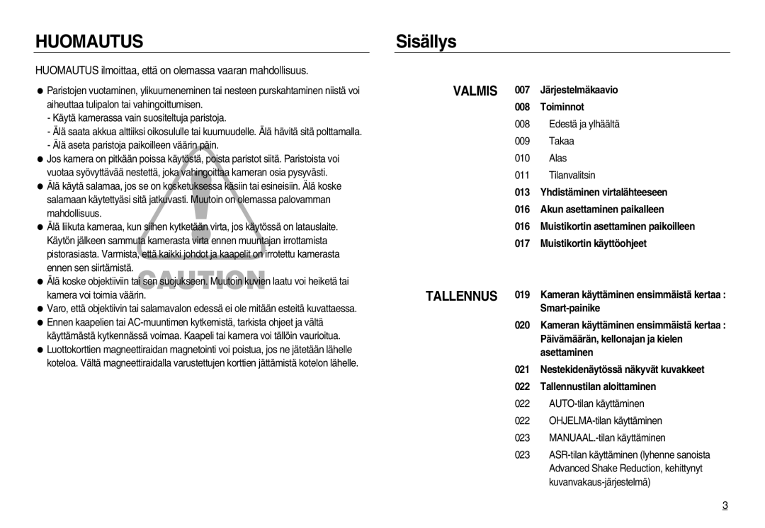 Samsung EC-NV20ZBBA/E2, EC-NV20ZBBA/E3, EC-NV20ZSBA/E2 Sisällys, Huomautus ilmoittaa, että on olemassa vaaran mahdollisuus 