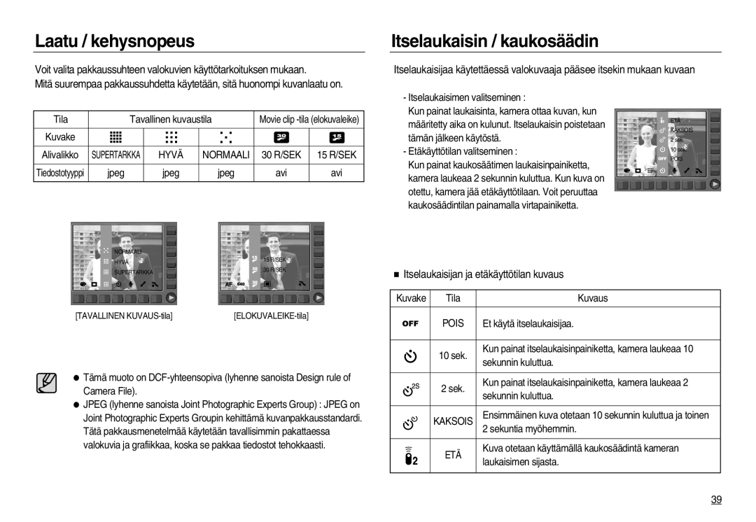 Samsung EC-NV20ZBBA/E2 manual Laatu / kehysnopeus, Itselaukaisin / kaukosäädin, Itselaukaisijan ja etäkäyttötilan kuvaus 