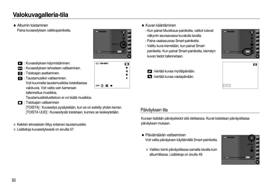 Samsung EC-NV20ZBBA/E3, EC-NV20ZBBA/E2 Päiväyksen tila, Albumin toistaminen, Kuvan kääntäminen, Päivämäärän valitseminen 