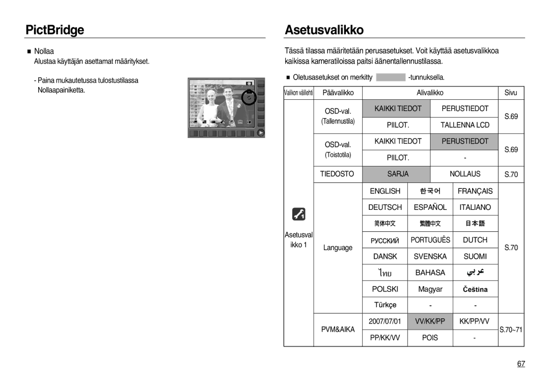 Samsung EC-NV20ZSBA/E2, EC-NV20ZBBA/E3 manual Asetusvalikko, Nollaa, Alustaa käyttäjän asettamat määritykset, Polski 