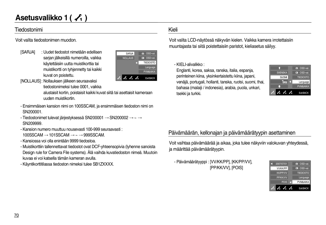 Samsung EC-NV20ZSBA/E2, EC-NV20ZBBA/E3 Tiedostonimi, Kieli, Päivämäärän, kellonajan ja päivämäärätyypin asettaminen, Sarja 