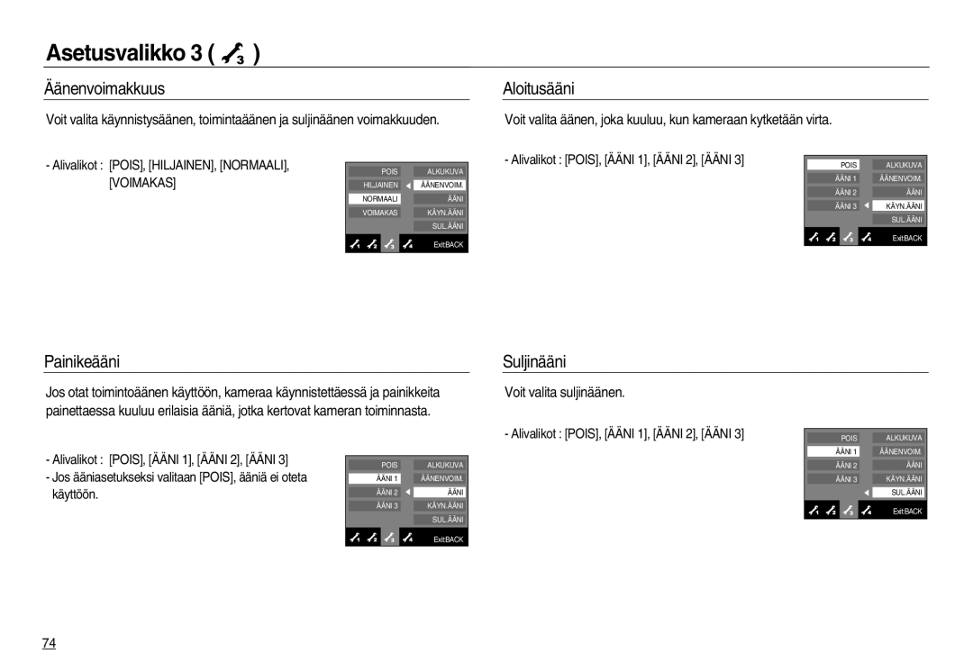 Samsung EC-NV20ZBBA/E3, EC-NV20ZBBA/E2 manual Äänenvoimakkuus, Aloitusääni, Painikeääni, Suljinääni, Voit valita suljinäänen 