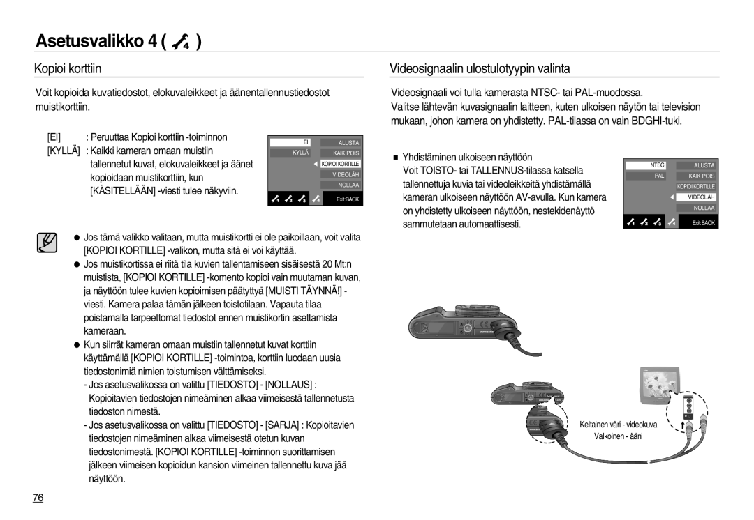 Samsung EC-NV20ZSBA/E2 manual Kopioi korttiin, Videosignaalin ulostulotyypin valinta, Kyllä Kaikki kameran omaan muistiin 