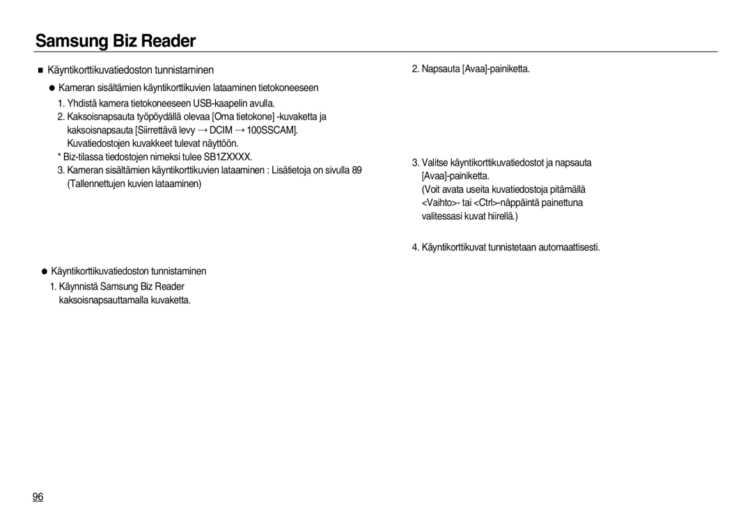 Samsung EC-NV20ZBBA/E2, EC-NV20ZBBA/E3, EC-NV20ZSBA/E2 manual Käyntikorttikuvatiedoston tunnistaminen 