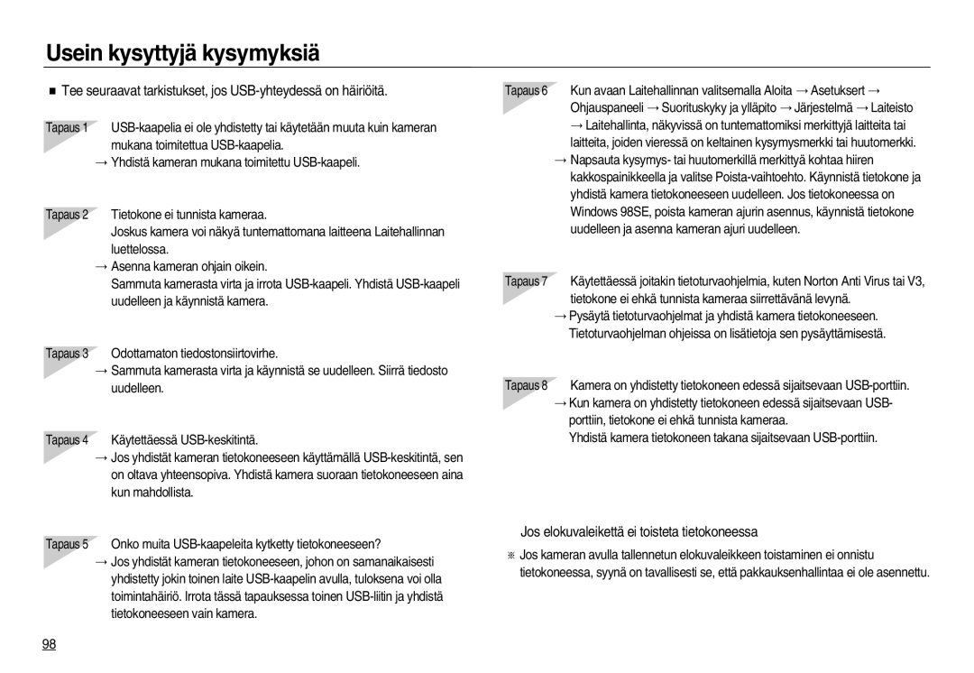 Samsung EC-NV20ZBBA/E3, EC-NV20ZBBA/E2, EC-NV20ZSBA/E2 manual Tee seuraavat tarkistukset, jos USB-yhteydessä on häiriöitä 