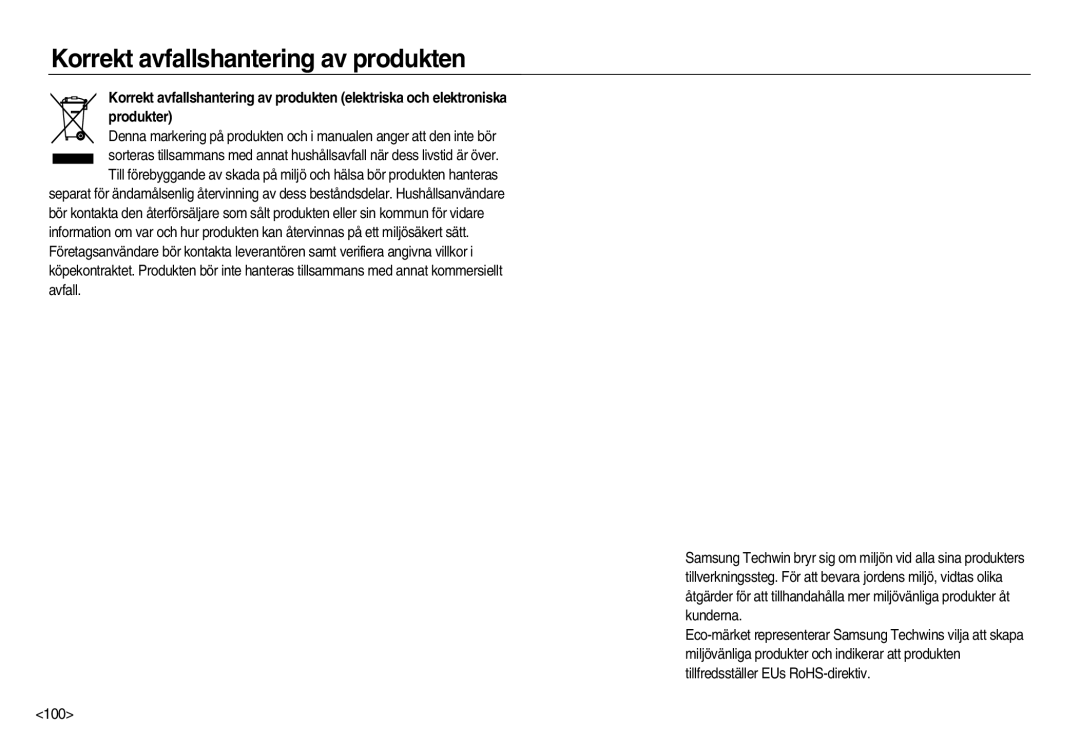 Samsung EC-NV20ZSBA/E2, EC-NV20ZBBA/E3, EC-NV20ZBBA/E2 manual Korrekt avfallshantering av produkten, 100 