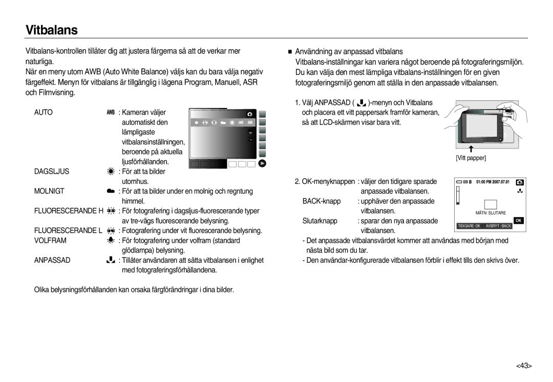 Samsung EC-NV20ZSBA/E2, EC-NV20ZBBA/E3, EC-NV20ZBBA/E2 manual Vitbalans, Användning av anpassad vitbalans 