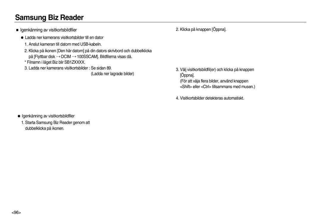 Samsung EC-NV20ZBBA/E2, EC-NV20ZBBA/E3, EC-NV20ZSBA/E2 manual Igenkänning av visitkortsbildfiler 