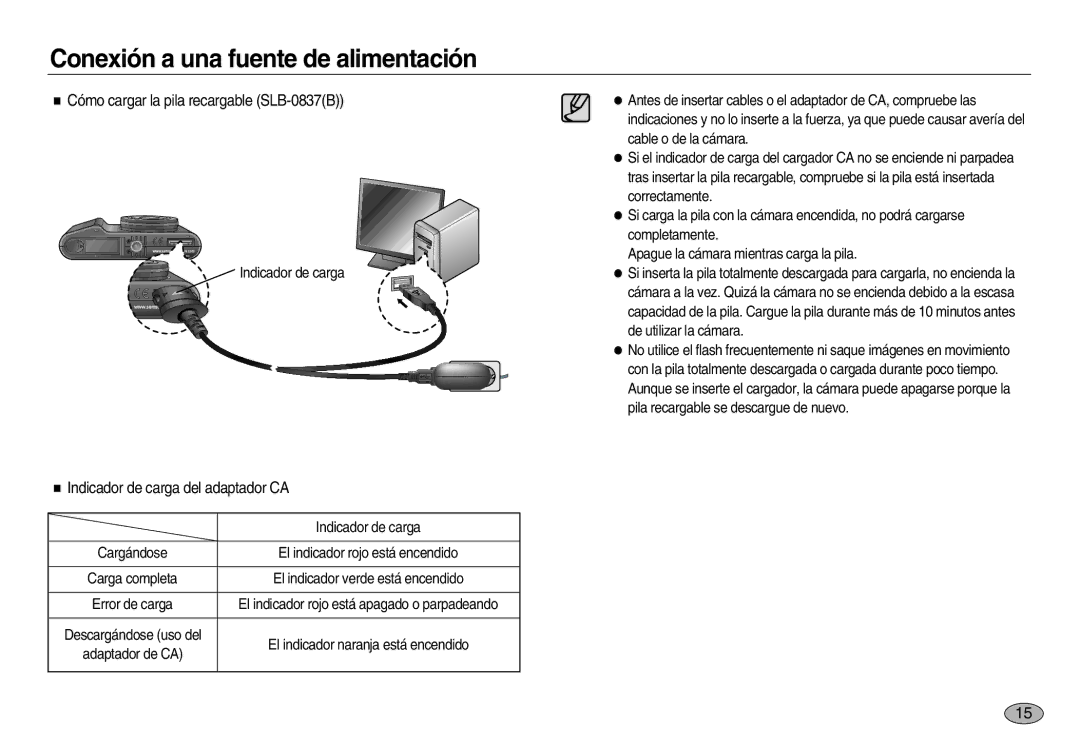 Samsung EC-NV20ZBBB/SP, EC-NV20ZSBA/E1 manual Cómo cargar la pila recargable SLB-0837B, Indicador de carga del adaptador CA 