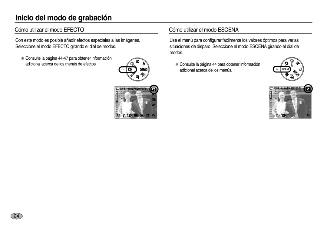 Samsung EC-NV20ZBBB/SP, EC-NV20ZSBA/E1, EC-NV20ZBBA/E3 manual Cómo utilizar el modo Efecto, Cómo utilizar el modo Escena 