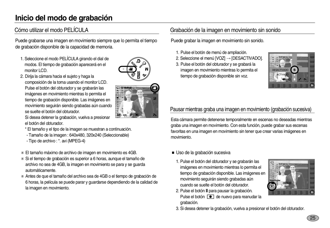 Samsung EC-NV20ZBBA/GB, EC-NV20ZSBA/E1, EC-NV20ZBBA/E3, EC-NV20ZBBA/E1, EC-NV20ZBBB/AS manual Uso de la grabación sucesiva 