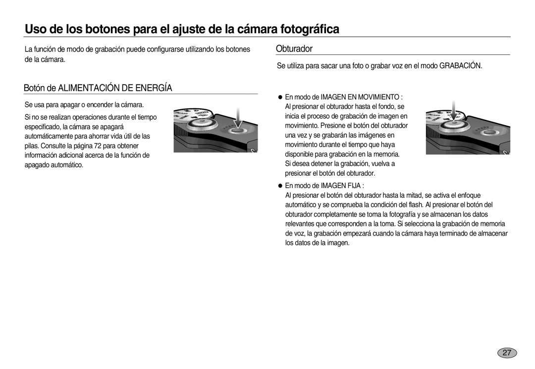 Samsung EC-NV20ZBBA/E3 manual Uso de los botones para el ajuste de la cámara fotográfica, Botón de Alimentación DE Energía 