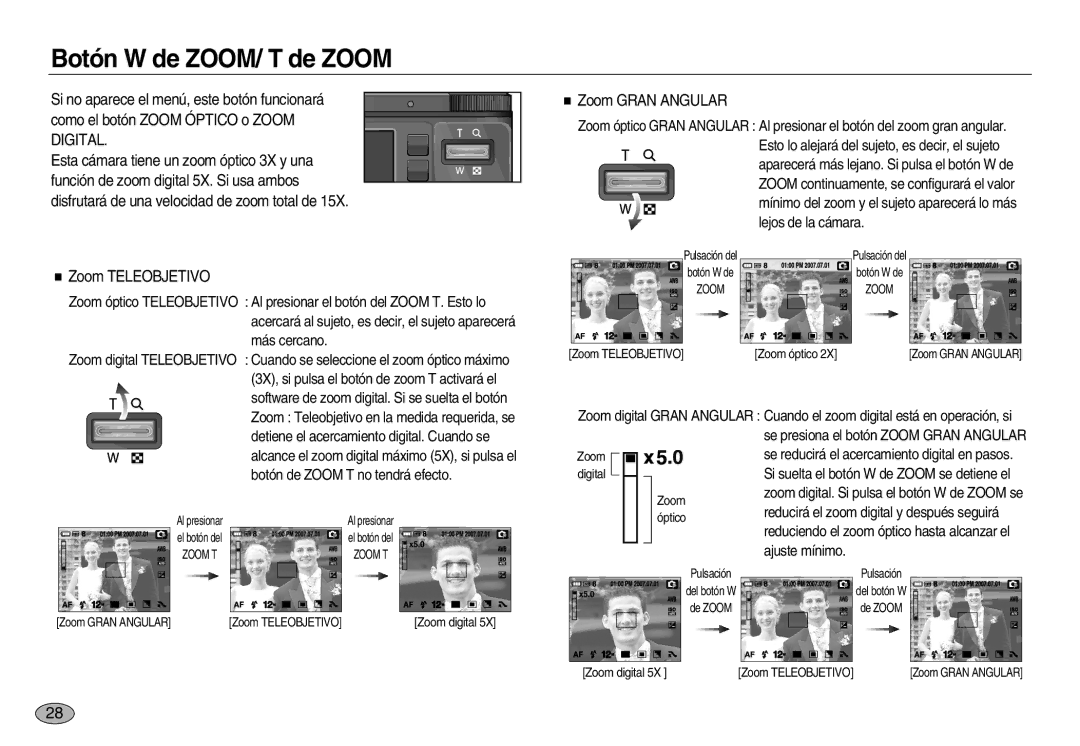 Samsung EC-NV20ZBBA/E1, EC-NV20ZSBA/E1, EC-NV20ZBBA/E3 Botón W de ZOOM/ T de Zoom, Zoom Teleobjetivo, Zoom Gran Angular 