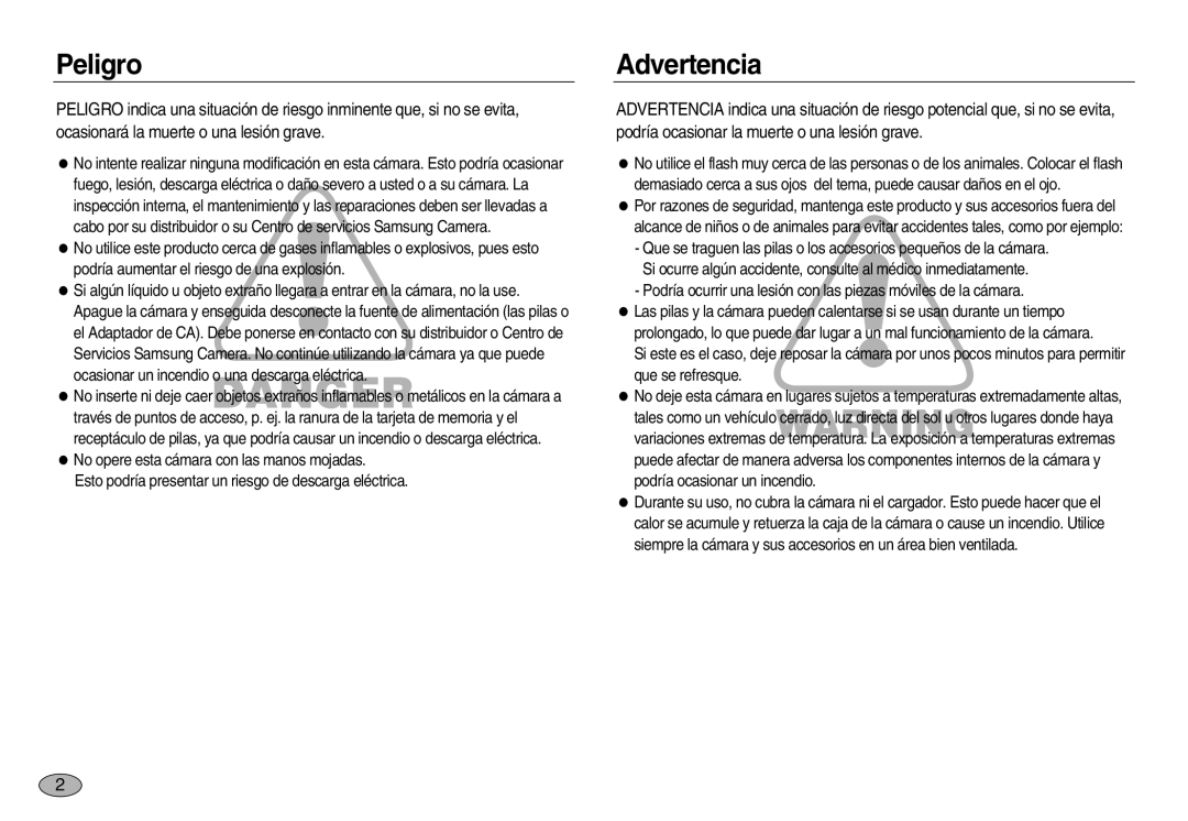 Samsung EC-NV20ZBBB/AS, EC-NV20ZSBA/E1, EC-NV20ZBBA/E3, EC-NV20ZBBA/E1, EC-NV20ZSBB/AS, EC-NV20ZBBA/AS Peligro, Advertencia 