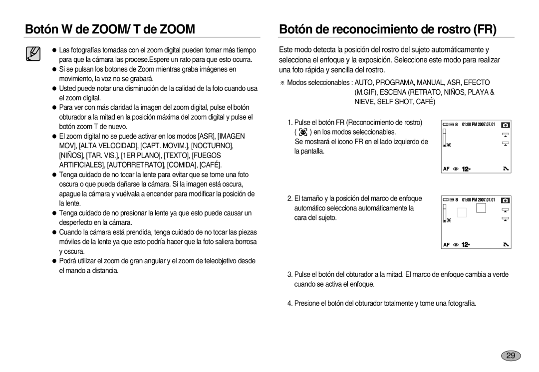 Samsung EC-NV20ZBBB/AS, EC-NV20ZSBA/E1, EC-NV20ZBBA/E3 manual Botón de reconocimiento de rostro FR, NIEVE, Self SHOT, Café 