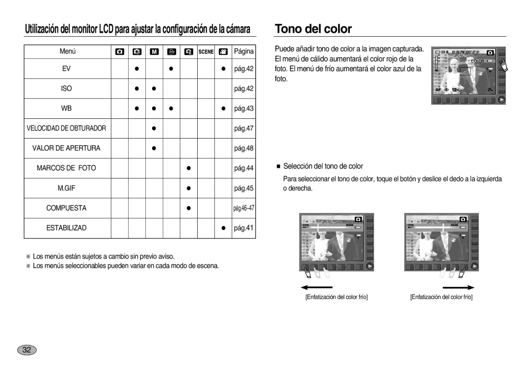 Samsung EC-NV20ZBBF/AS Tono del color, El menú de cálido aumentará el color rojo de la, Foto Selección del tono de color 