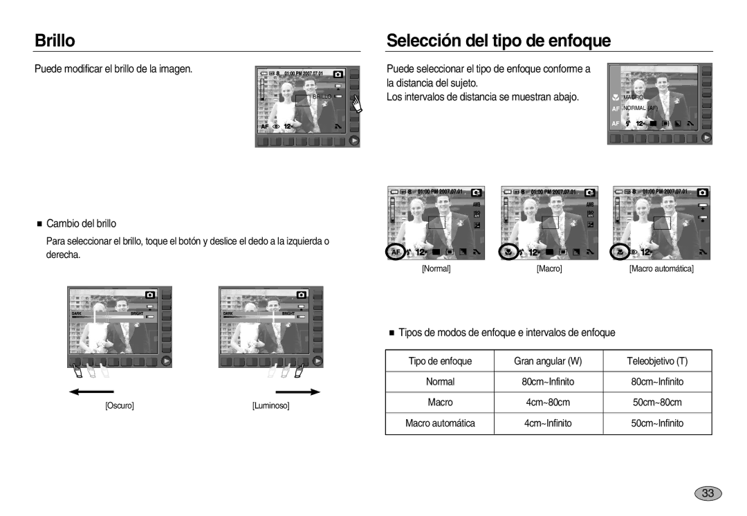 Samsung EC-NV20ZBBB/SP Brillo, Selección del tipo de enfoque, Puede modificar el brillo de la imagen, Cambio del brillo 