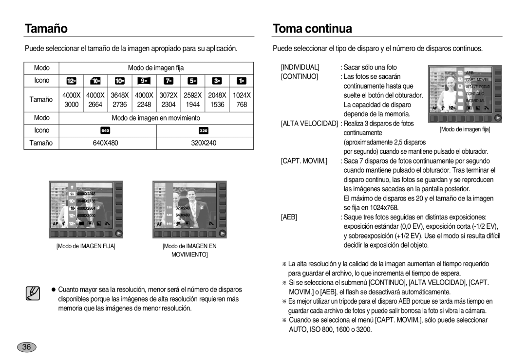 Samsung EC-NV20ZBBA/E3, EC-NV20ZSBA/E1, EC-NV20ZBBA/E1, EC-NV20ZBBB/AS manual Tamaño, Toma continua, Individual, CAPT. Movim 