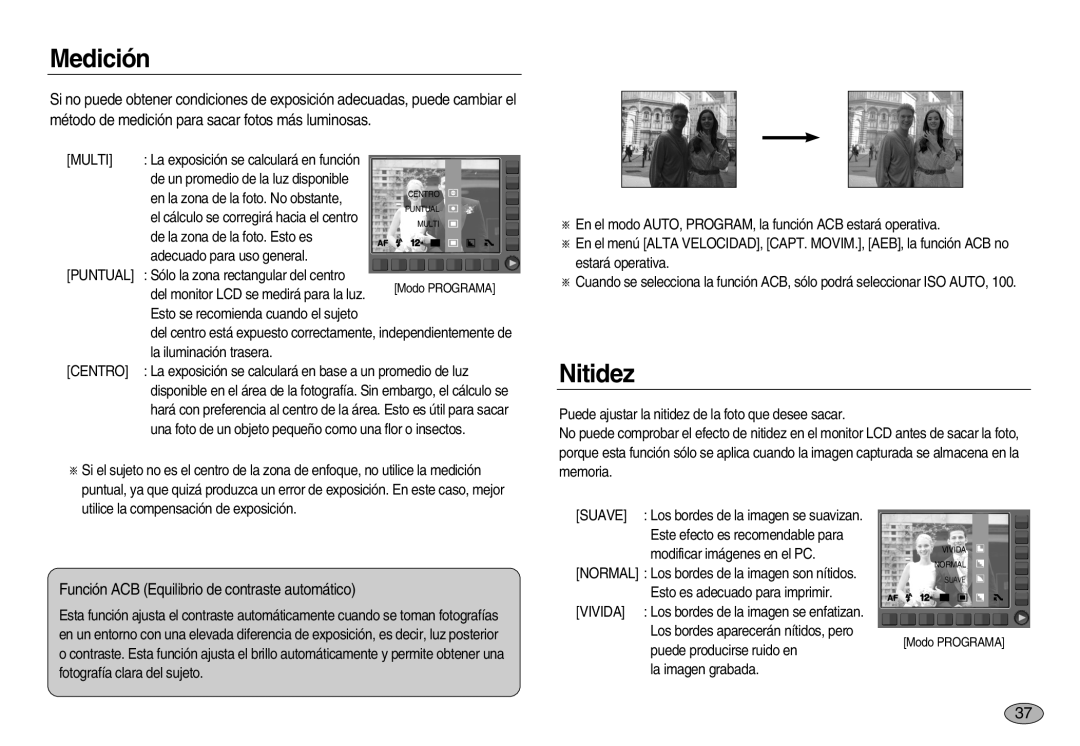 Samsung EC-NV20ZBBA/E1, EC-NV20ZSBA/E1 manual Medición, Nitidez, Función ACB Equilibrio de contraste automático, Centro 