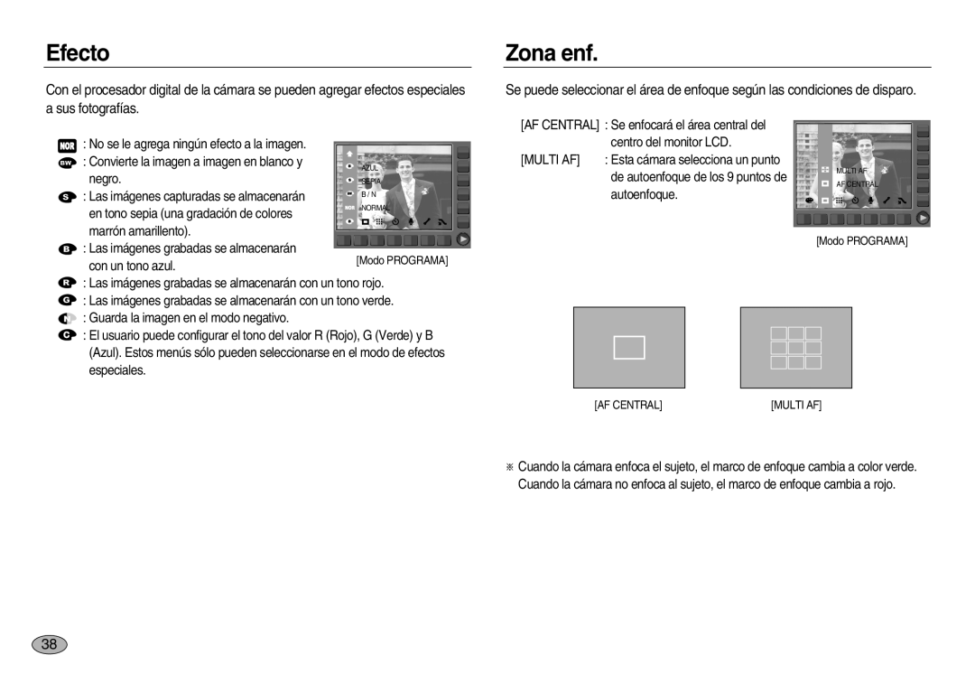 Samsung EC-NV20ZBBB/AS, EC-NV20ZSBA/E1, EC-NV20ZBBA/E3, EC-NV20ZBBA/E1, EC-NV20ZSBB/AS, EC-NV20ZBBA/AS manual Efecto, Zona enf 