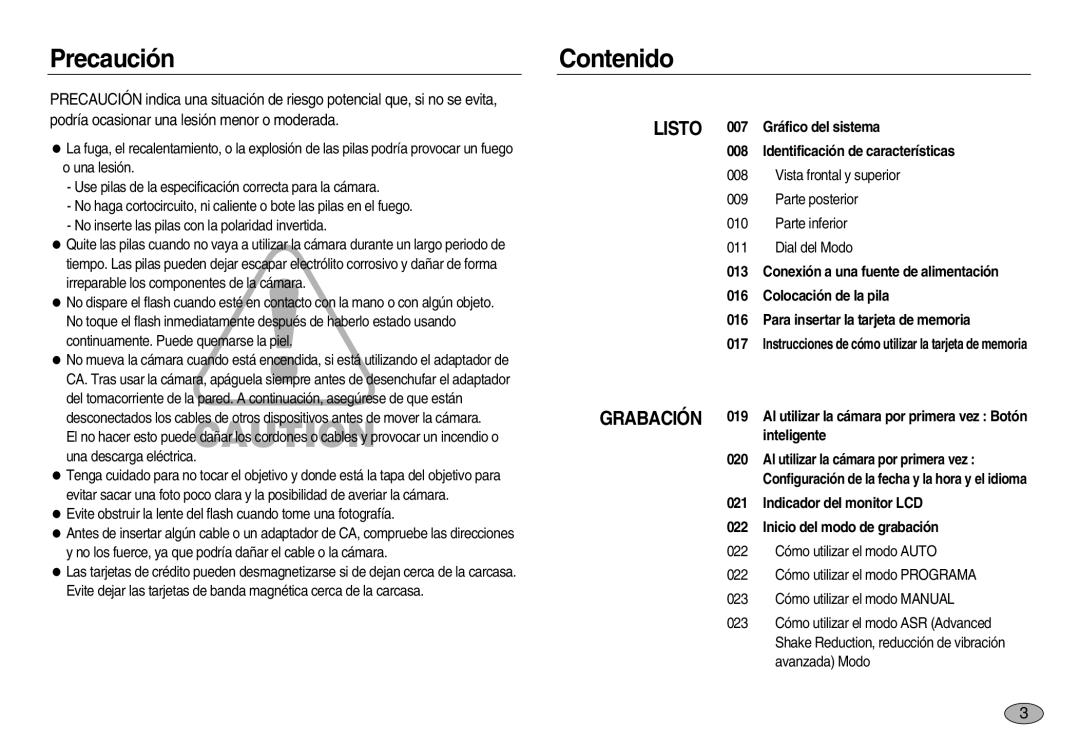 Samsung EC-NV20ZSBB/AS, EC-NV20ZSBA/E1, EC-NV20ZBBA/E3, EC-NV20ZBBA/E1, EC-NV20ZBBB/AS, EC-NV20ZBBA/AS Precaución, Contenido 