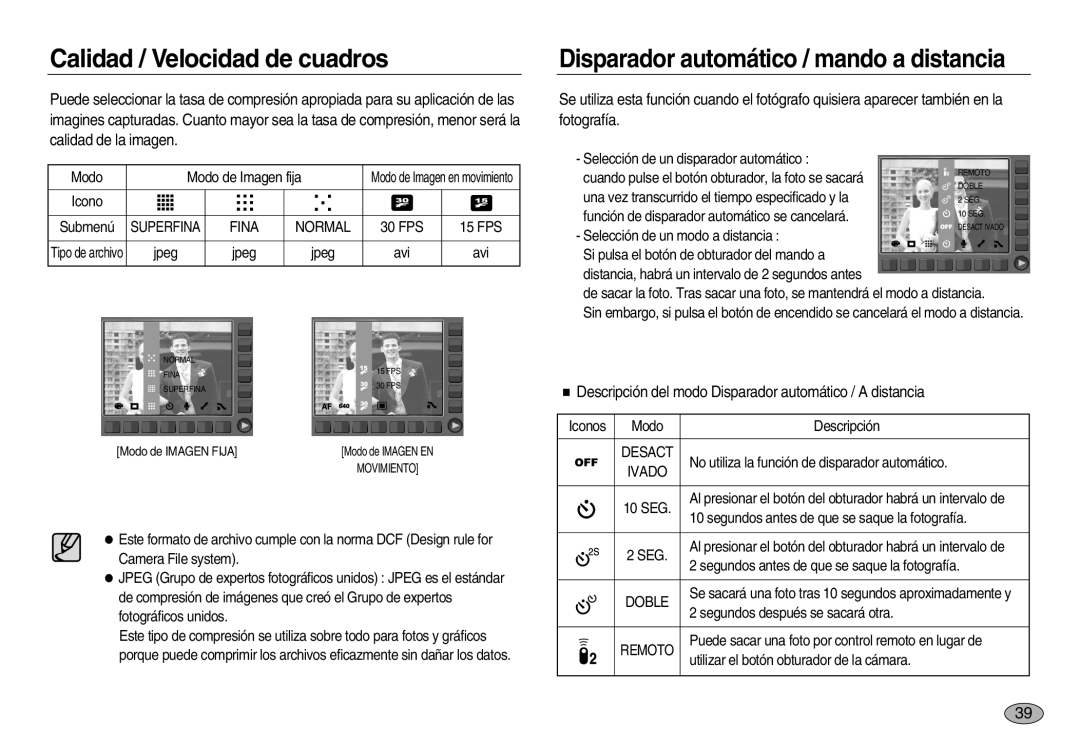 Samsung EC-NV20ZSBB/AS Calidad / Velocidad de cuadros, Descripción del modo Disparador automático / a distancia, Desact 