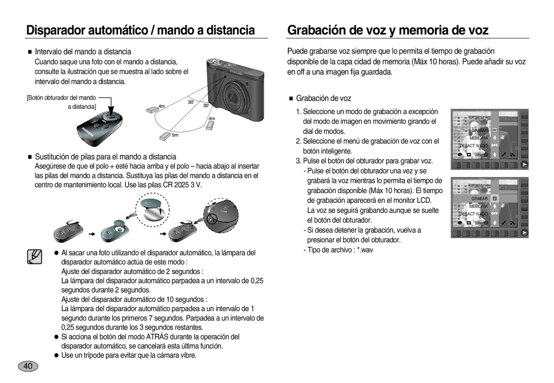 Samsung EC-NV20ZBBA/AS, EC-NV20ZSBA/E1, EC-NV20ZBBA/E3 Grabación de voz y memoria de voz, Intervalo del mando a distancia 