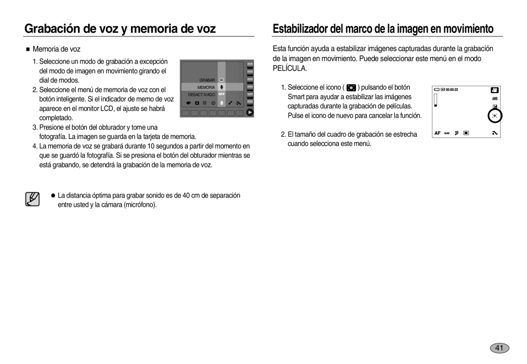 Samsung EC-NV20ZBBF/AS, EC-NV20ZSBA/E1, EC-NV20ZBBA/E3 Estabilizador del marco de la imagen en movimiento, Memoria de voz 