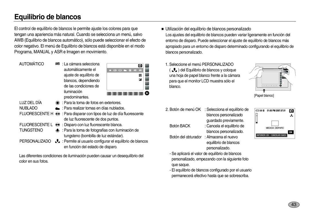 Samsung EC-NV20ZBBA/GB, EC-NV20ZSBA/E1 manual Equilibrio de blancos, Utilización del equilibrio de blancos personalizado 