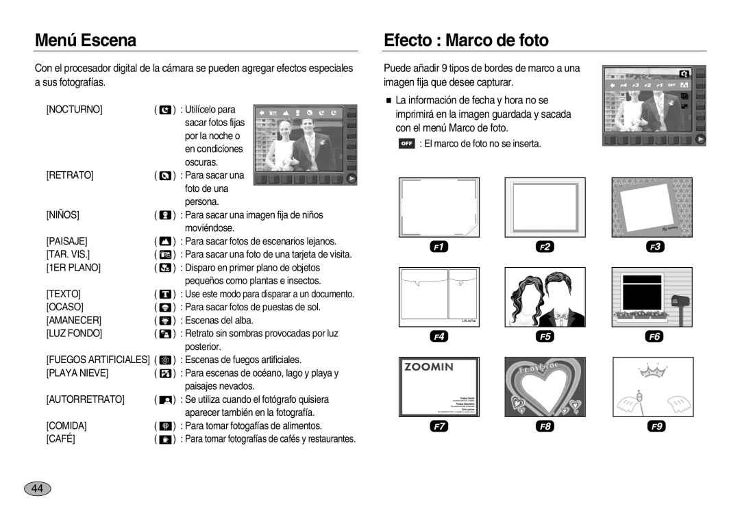 Samsung EC-NV20ZSBA/E1, EC-NV20ZBBA/E3, EC-NV20ZBBA/E1, EC-NV20ZBBB/AS manual Menú Escena, Efecto Marco de foto, 1ER Plano 