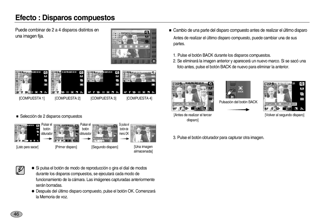 Samsung EC-NV20ZBBA/E1, EC-NV20ZSBA/E1, EC-NV20ZBBA/E3 manual Efecto Disparos compuestos, Selección de 2 disparos compuestos 