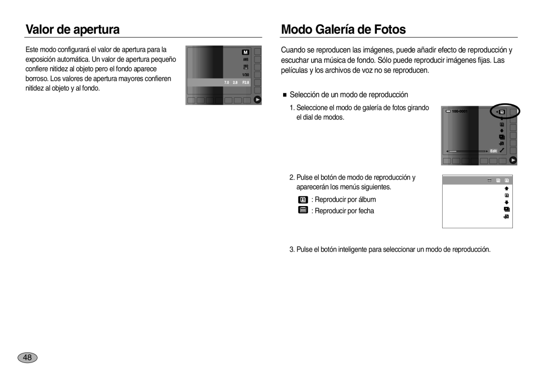 Samsung EC-NV20ZSBB/AS, EC-NV20ZSBA/E1 manual Valor de apertura, Modo Galería de Fotos, Selección de un modo de reproducción 