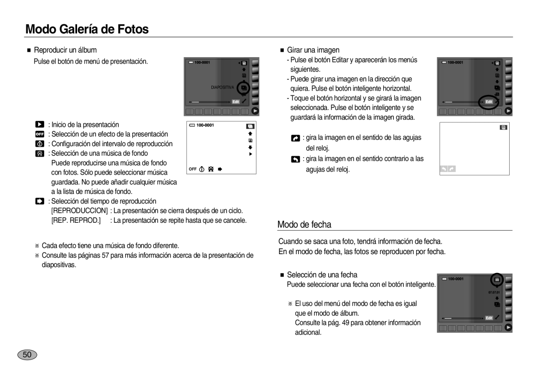 Samsung EC-NV20ZBBF/AS, EC-NV20ZSBA/E1 manual Modo de fecha, Reproducir un álbum, Girar una imagen, Selección de una fecha 