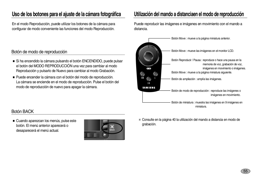 Samsung EC-NV20ZBBA/E1, EC-NV20ZSBA/E1, EC-NV20ZBBA/E3, EC-NV20ZBBB/AS manual Botón de modo de reproducción, Botón Back 