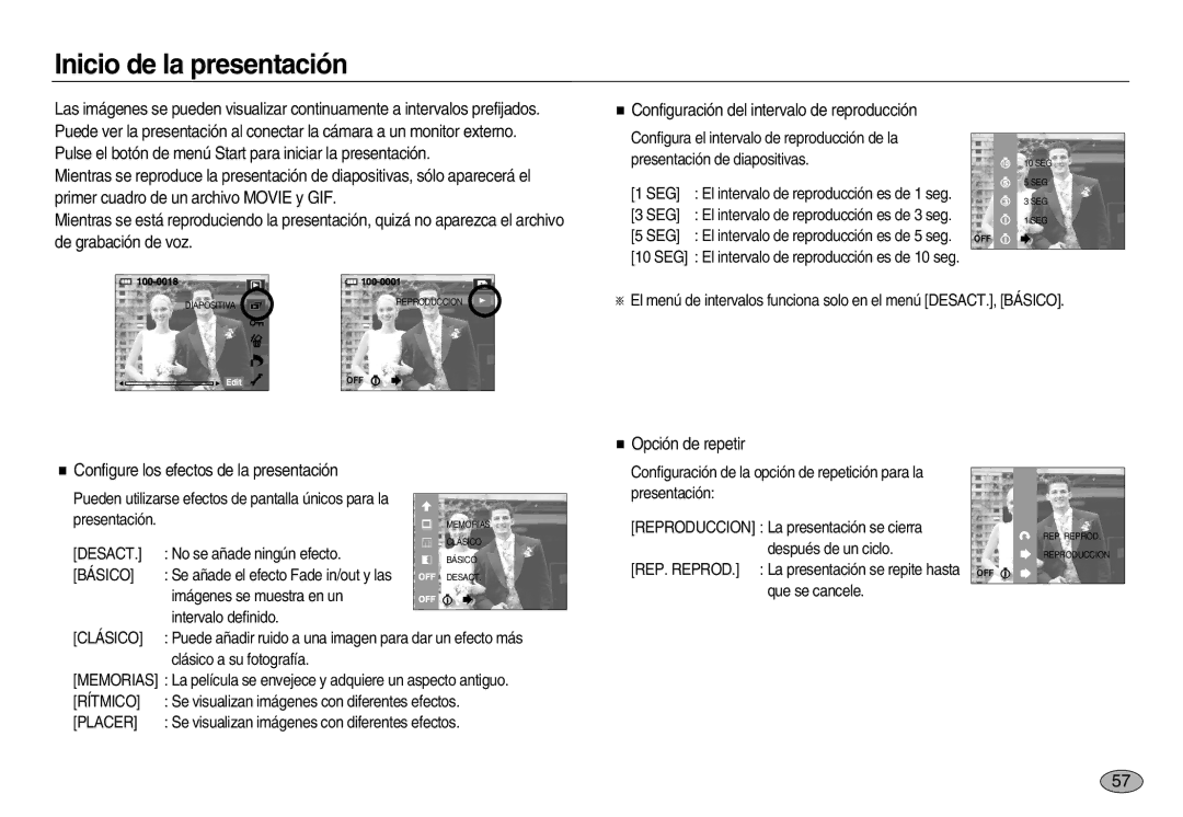 Samsung EC-NV20ZSBB/AS manual Inicio de la presentación, Configure los efectos de la presentación, Opción de repetir 