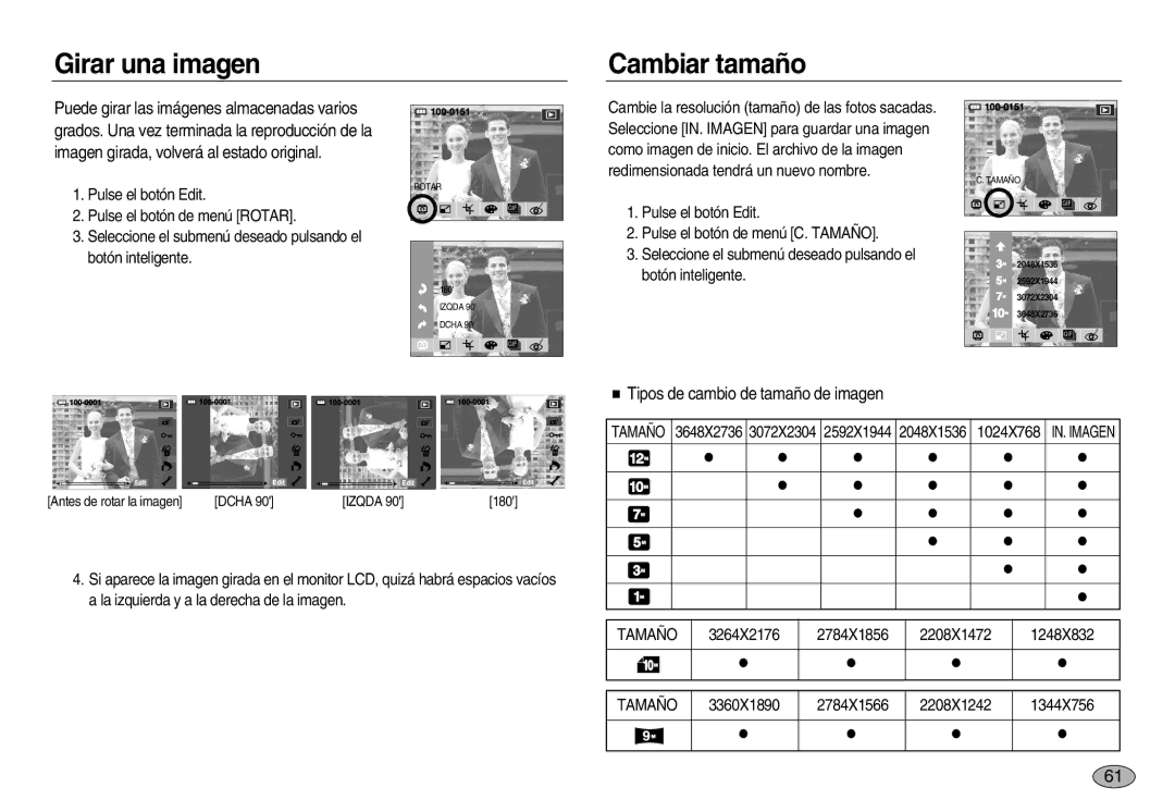 Samsung EC-NV20ZBBA/GB, EC-NV20ZSBA/E1, EC-NV20ZBBA/E3 Girar una imagen Cambiar tamaño, Tipos de cambio de tamaño de imagen 