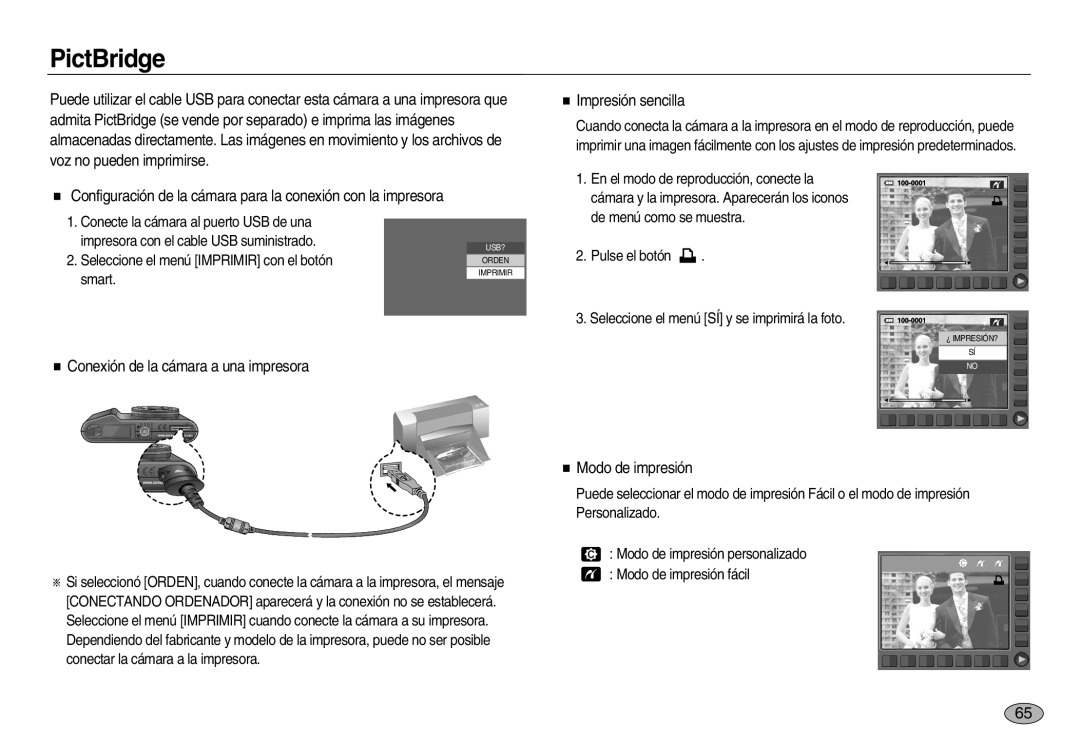 Samsung EC-NV20ZBBB/AS manual PictBridge, Conexión de la cámara a una impresora, Impresión sencilla, Modo de impresión 